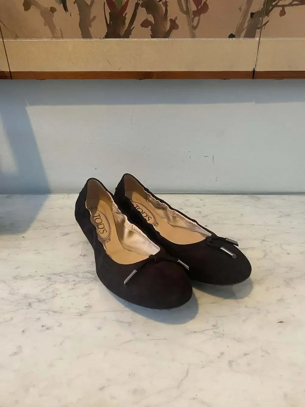 Tod's Shoes Womens Size 8.5 Brown Suede Ballet Flats Bow Non Slip Sole Casual